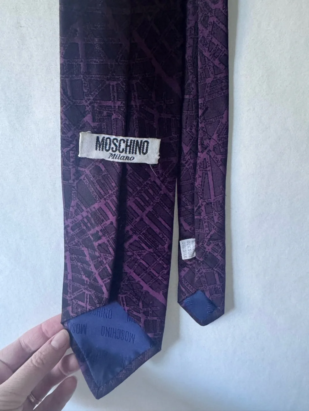 Moschino Milano Silk Tie Purple Abstract Milan Map Print 3.25” Designer VTG